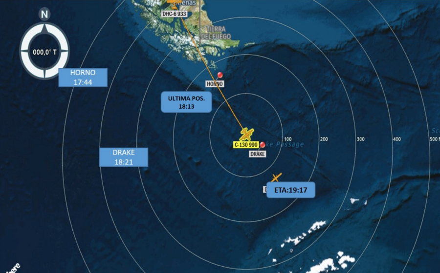 Carte montrant l'itinéraire de l'appareil de l'armée de l'Air chilienne porté disparu. (Crédit : armée de l'Air chilienne)