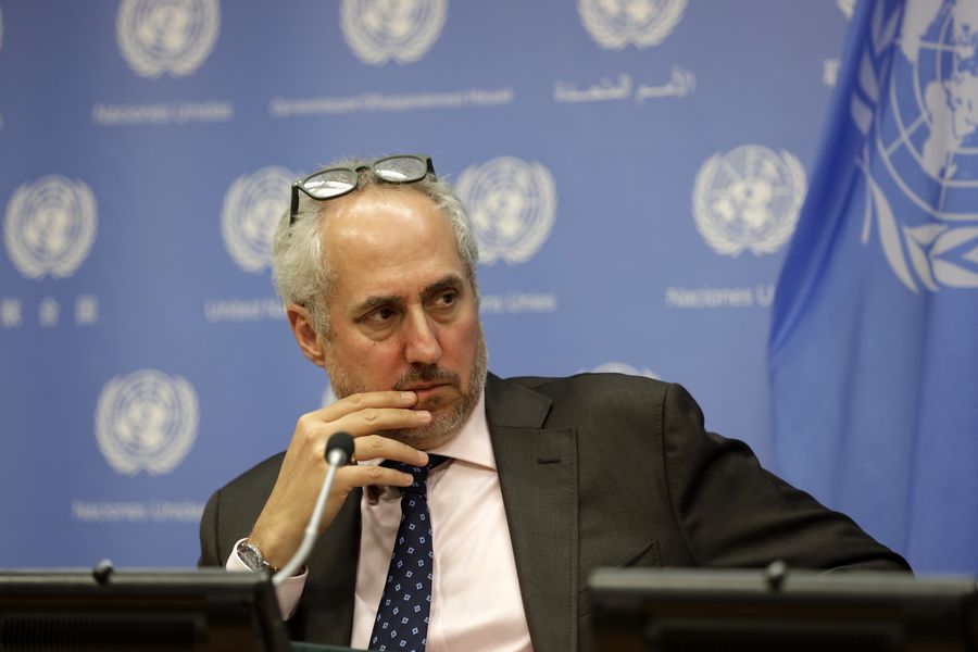 Stéphane Dujarric, porte-parole du secrétaire général des Nations Unies, Antonio Guterres, lors d'un point de presse au siège des Nations Unies à New York sur la mort du journaliste saoudien Jamal Khashoggi, le 19 juin 2019. (Xinhua/Li Muzi)