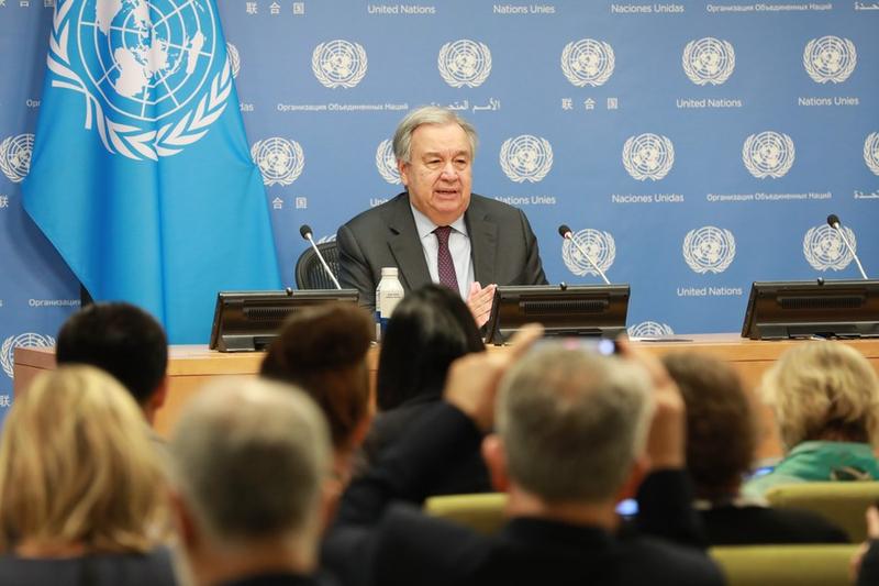 Le secrétaire général des Nations Unies Antonio Guterres s'exprime lors d'une conférence de presse sur le climat au siège de l'ONU à New York, aux Etats-Unis, le 15 juin 2023. (Xinhua/Xie E)