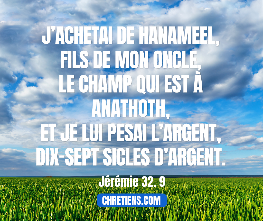 Jérémie 32:9 - J’achetai de Hanameel, fils de mon oncle, le champ qui est à Anathoth, et je lui pesai l’argent, dix-sept sicles d’argent.