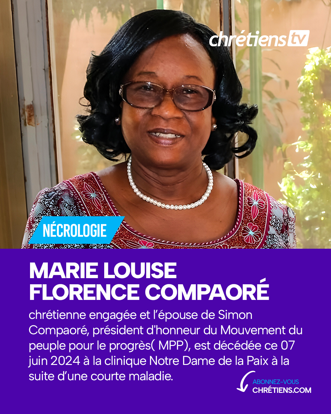 La grande famille Evangélique du Burkina Faso vient de perdre une de ses figures leaders en la personne du Dr Marie Louise Florence COMPAORÉ née KERE, épouse de l’homme politique Simon COMPAORE, ancien maire de la ville de Ouagadougou et ancien Ministre de la Sécurité. Un culte d’action de grâce pour sa vie promue dans la gloire céleste a été organisé le 14 juin 2024 à l’Eglise centrale de la Mission Apostolique de Ouagadougou.