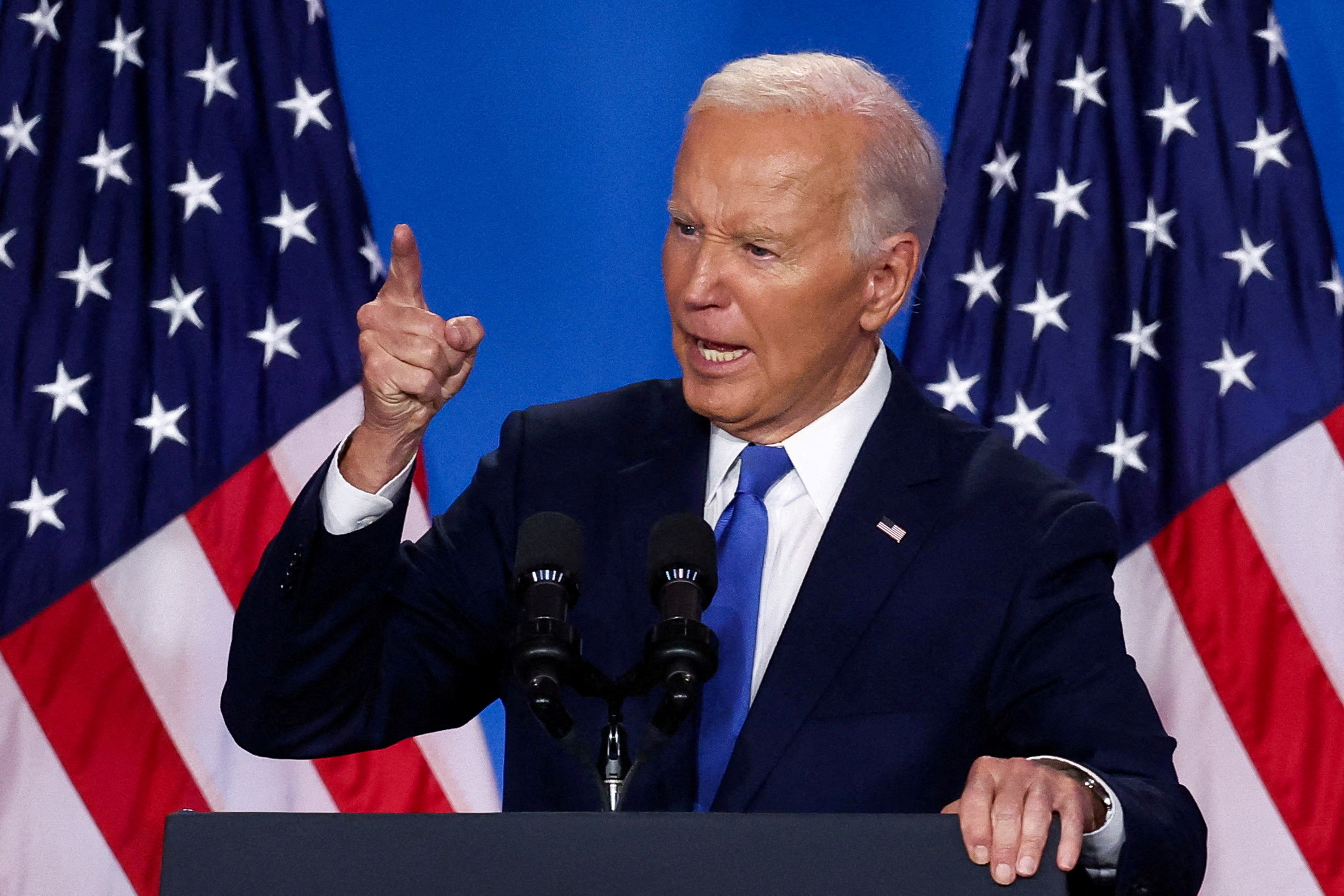 Le président américain Joe Biden s'exprime lors d'une conférence de presse organisée dans le cadre du sommet du 75e anniversaire de l'OTAN, à Washington /Photo prise le 11 Juillet 2024. REUTERS/Yves Herman