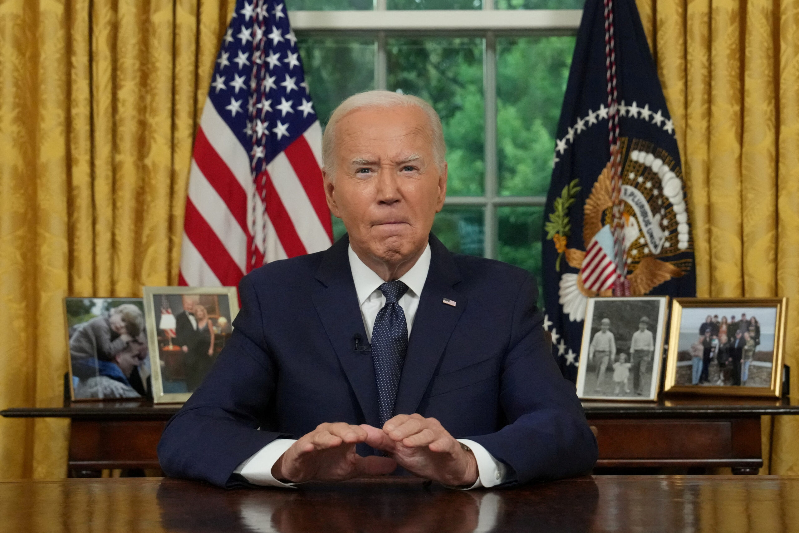 Le président américain Joe Biden s'adresse à la nation depuis le bureau ovale de la Maison Blanche à Washington, DC, le 14 juillet 2024. Erin Schaff/Pool via REUTERS/Photo prise