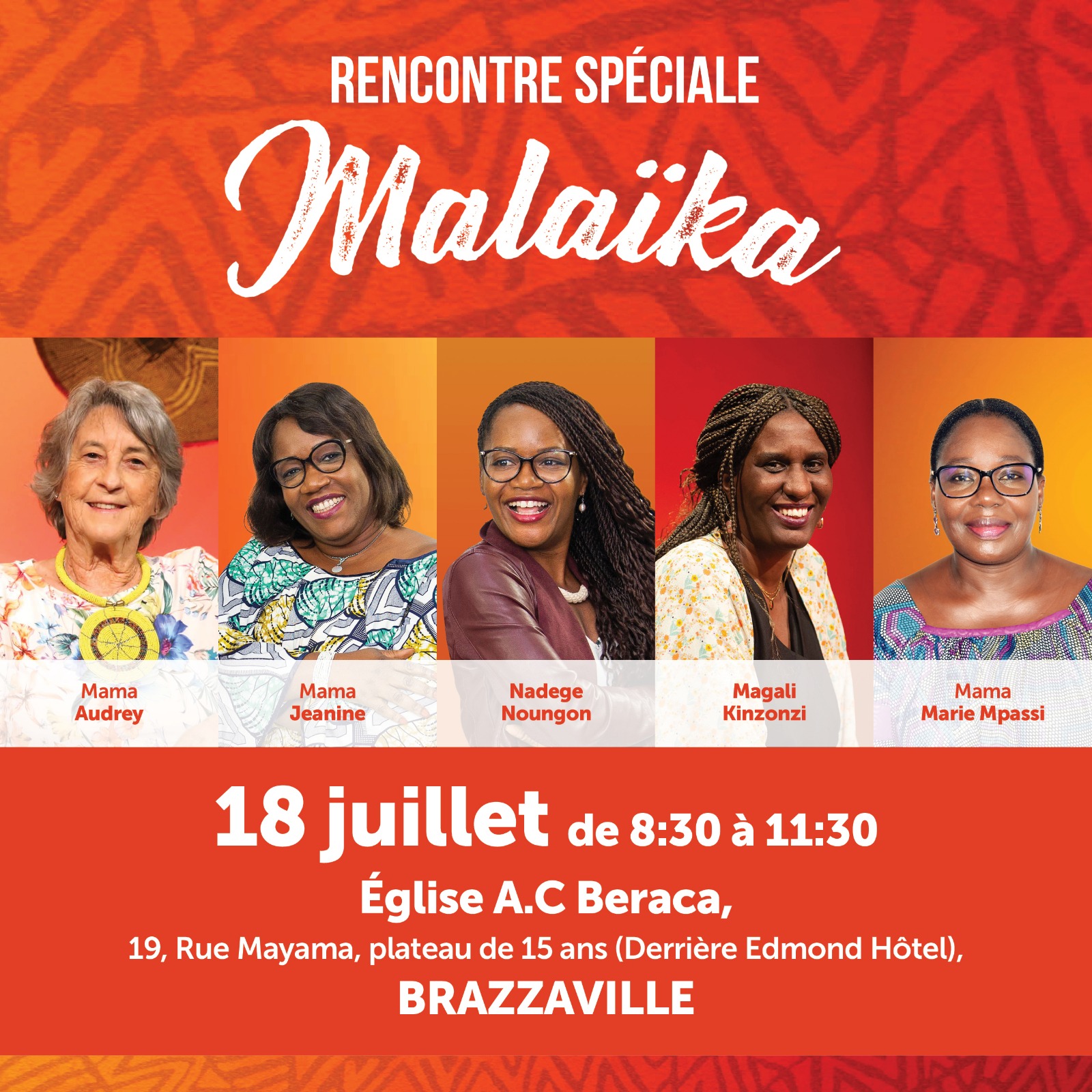 L'équipe de l'émission Malaika, diffusée par satellite sur la chaîne Chrétiens TV, vous donne RENDEZ-VOUS le 18 juillet 2024 à l'église A.C Beraca, à Brazzaville pour un programme unique !