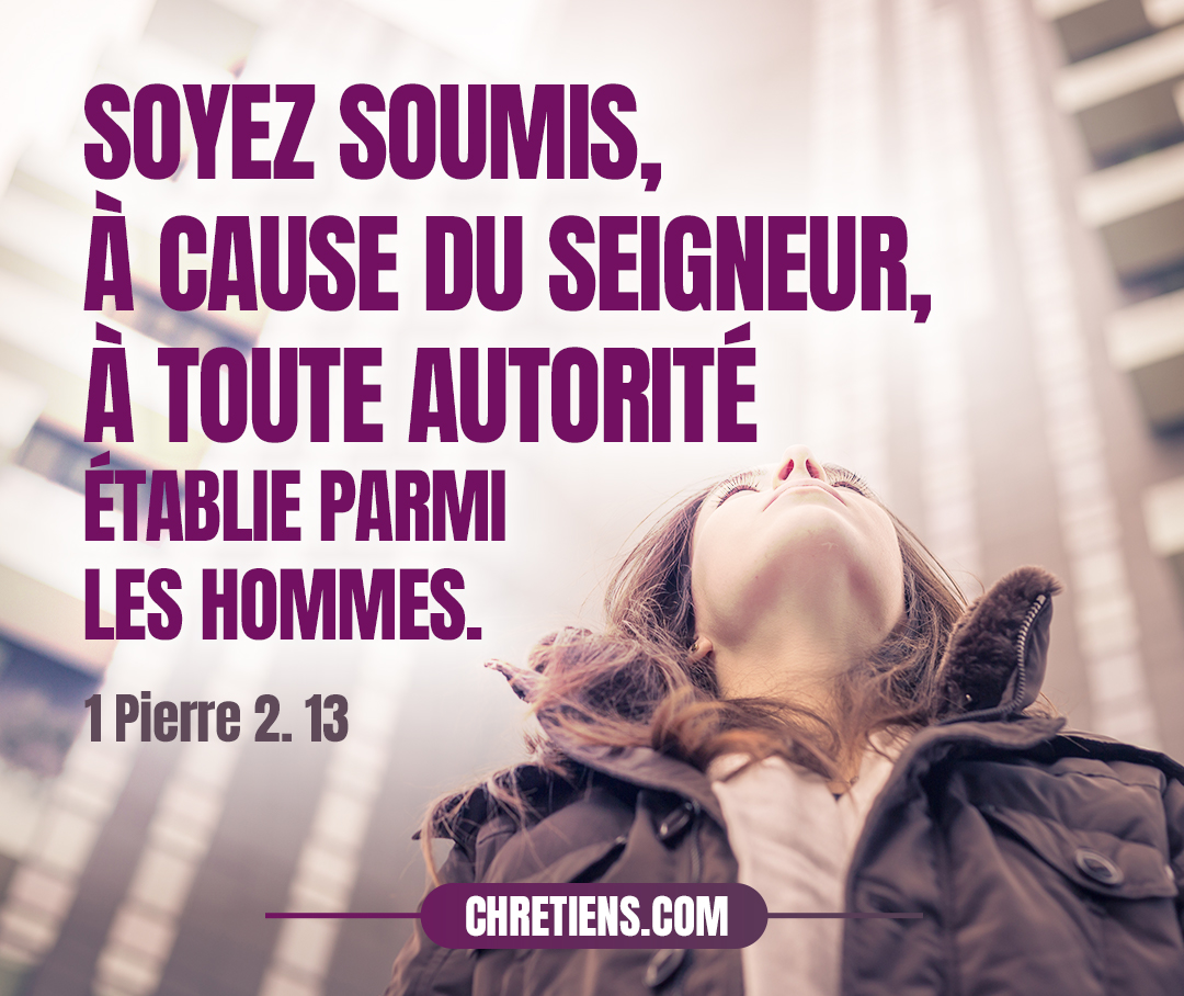 1 Pierre 2:13 - Soyez soumis, à cause du Seigneur, à toute autorité établie parmi les hommes, soit au roi comme souverain