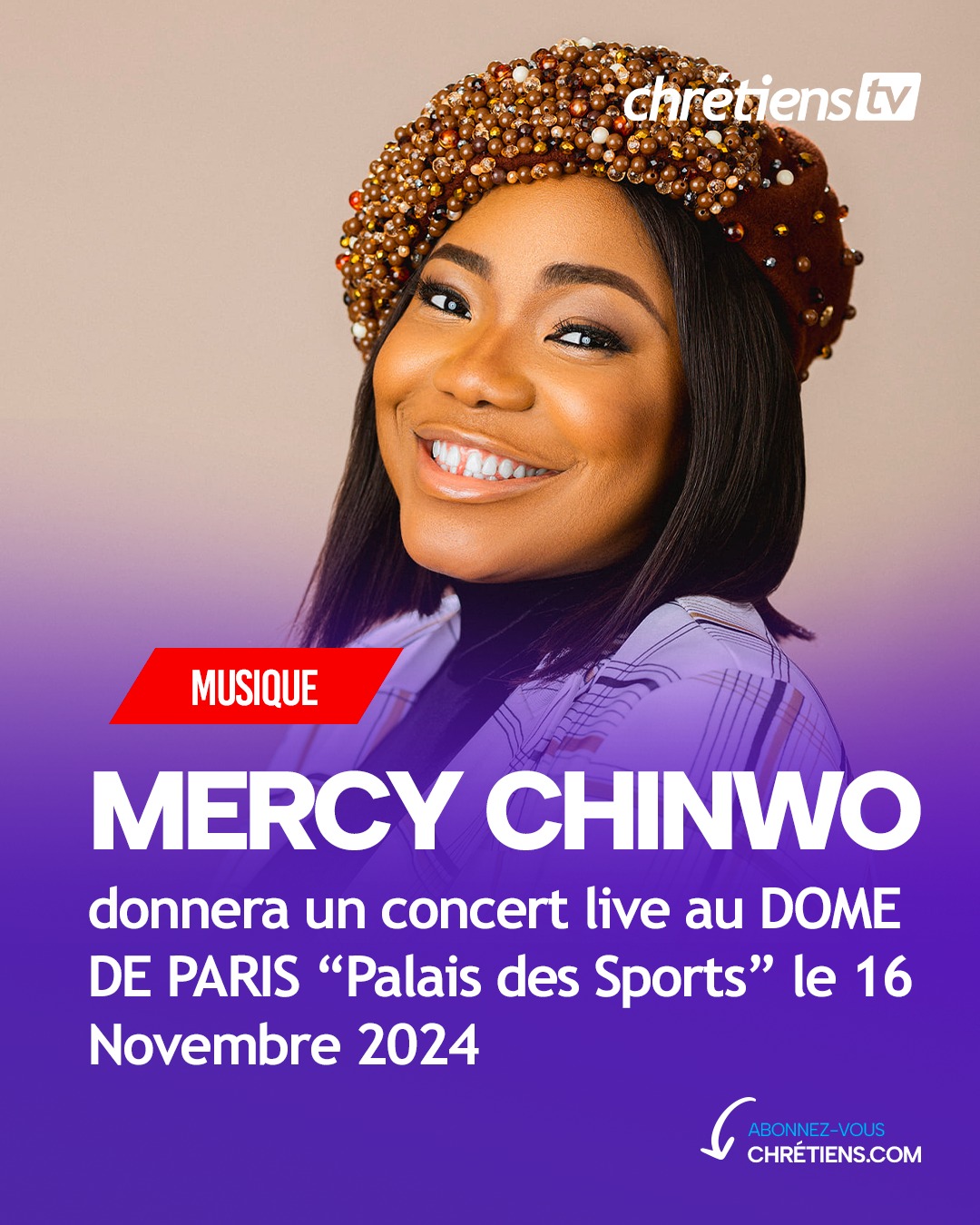 L'actrice et compositrice de gospel nigériane Mercy Chinwo sera en concert au Dôme de Paris le 16 novembre prochain. Vous pouvez déjà acheter votre billet sur ce lien.