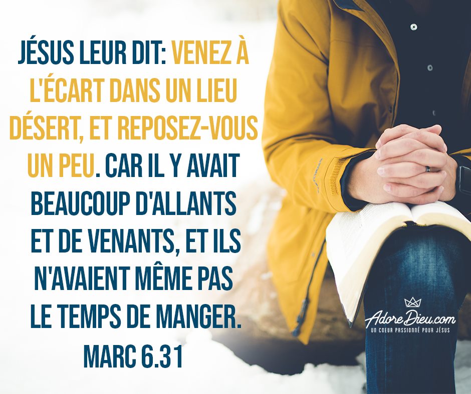 Jésus leur dit : Venez à l'écart dans un lieu désert, et reposez-vous un peu. Car il y avait beaucoup d'allants et de venants, et ils n'avaient même pas le temps de manger.