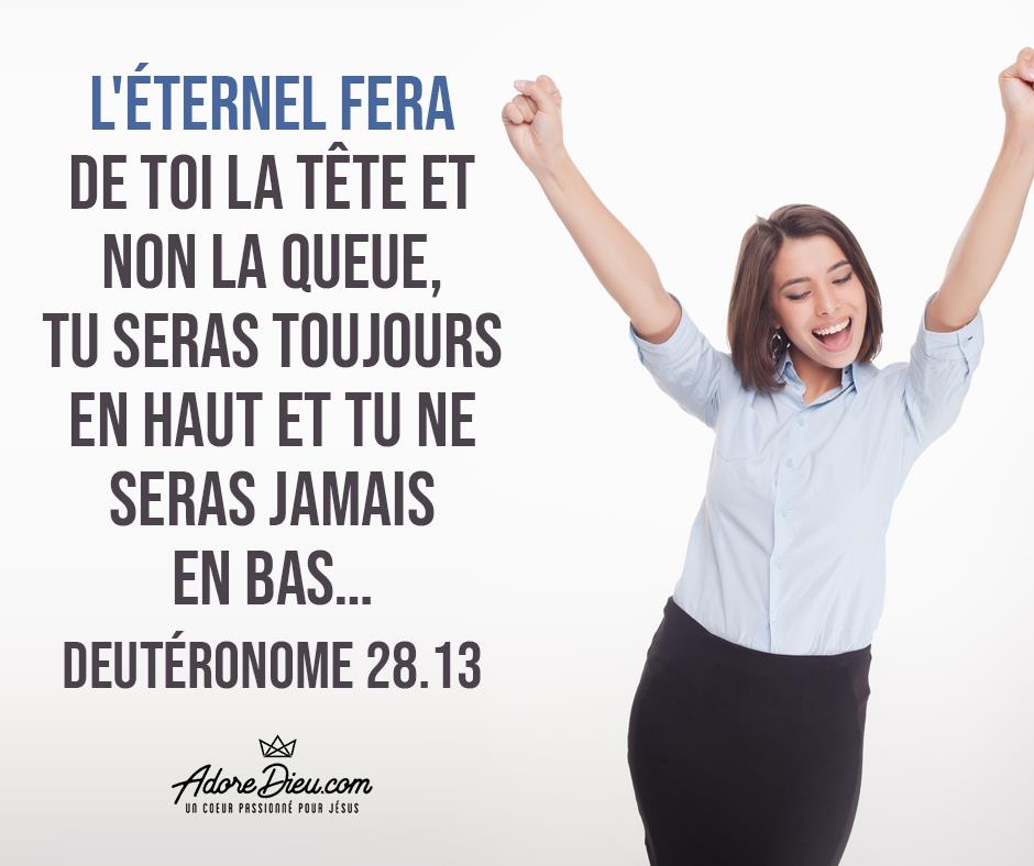 L'Éternel fera de toi la tête et non la queue, tu seras toujours en haut et tu ne seras jamais en bas, lorsque tu obéiras aux commandements de l'Éternel, ton Dieu, que je te prescris aujourd'hui, lorsque tu les observeras et les mettras en pratique,