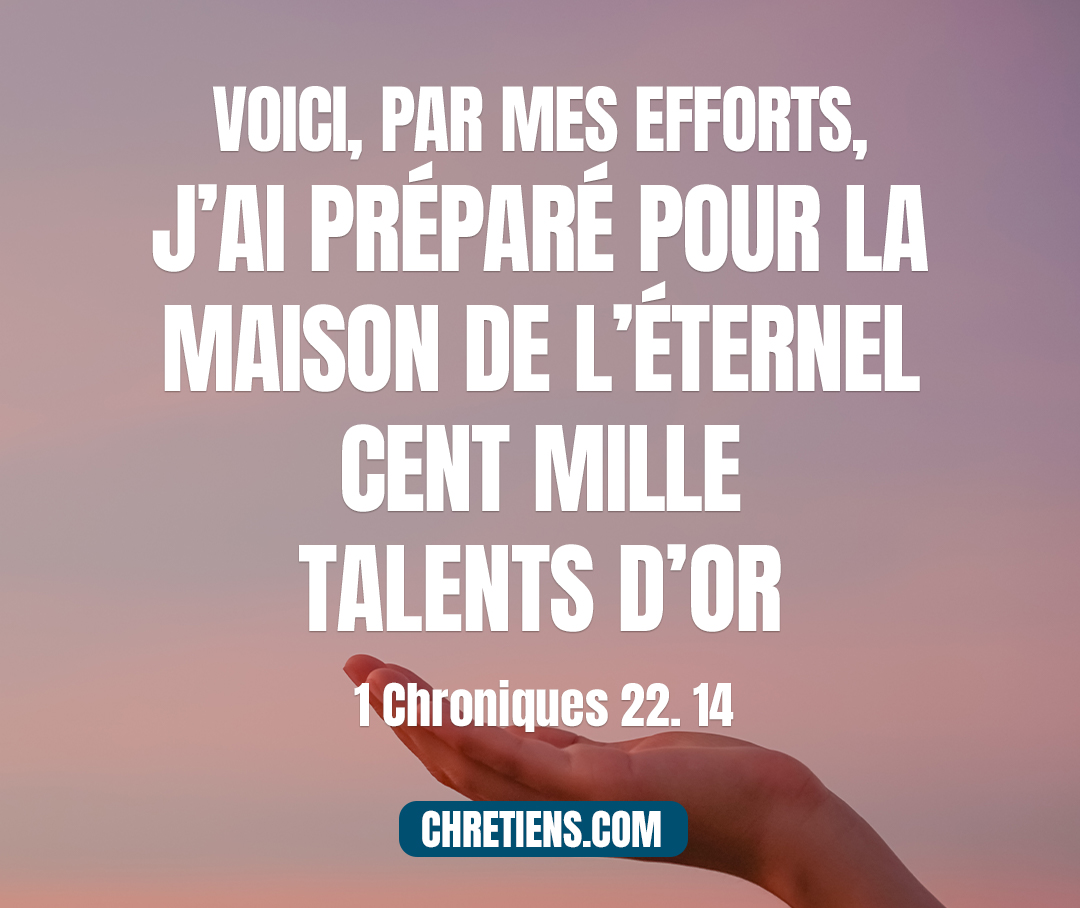 Voici, par mes efforts, j’ai préparé pour la maison de l’Éternel cent mille talents d’or, un million de talents d’argent, et une quantité d’airain et de fer qu’il n’est pas possible de peser, car il y en a en abondance ; j’ai aussi préparé du bois et des pierres, et tu en ajouteras encore. 1 Chroniques 22:14