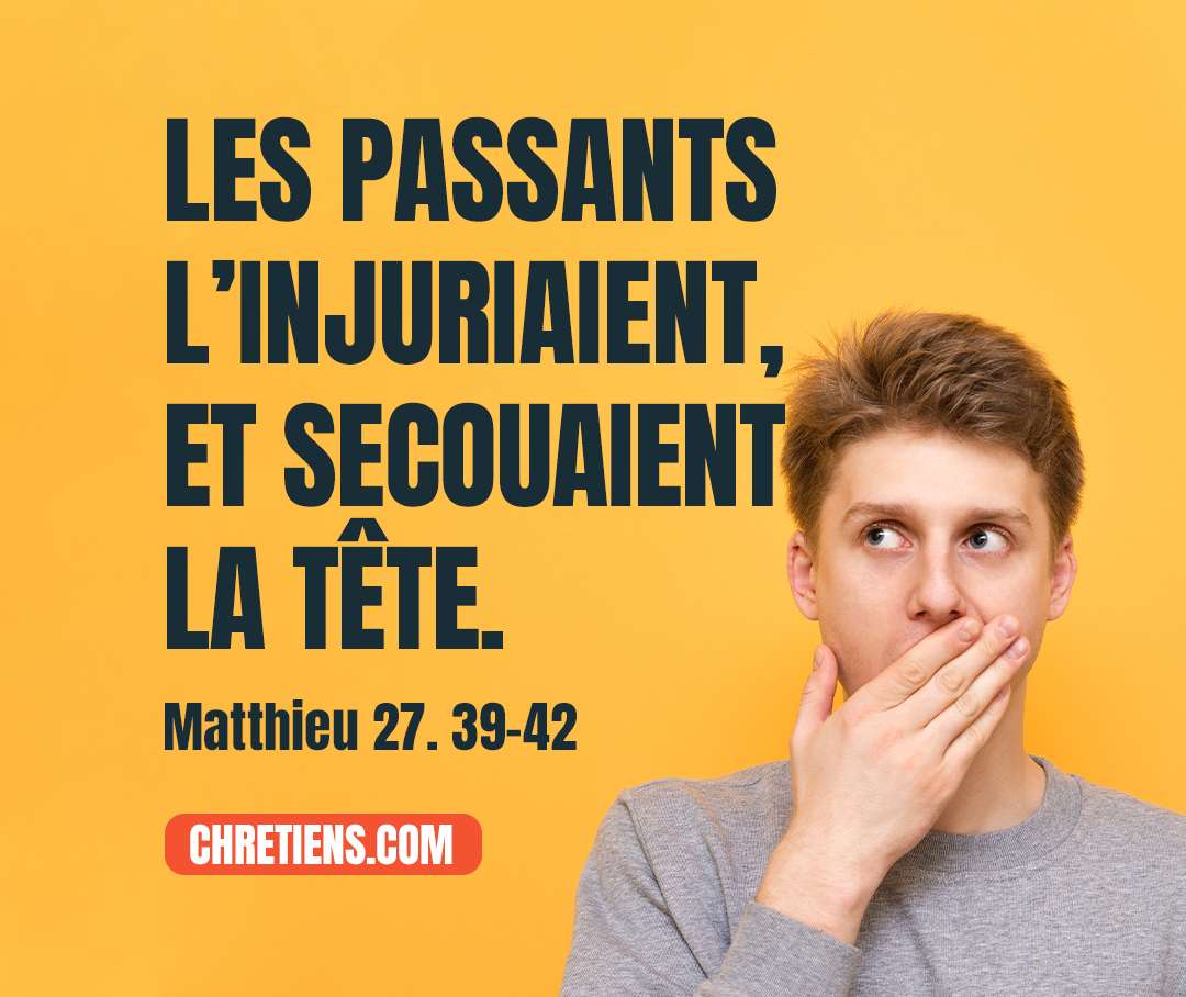 Ceux qui passaient par là injuriaient [Jésus]… et disaient : Toi qui détruis le temple et qui, en trois jours, le bâtis, sauve-toi toi-même. Si tu es Fils de Dieu, descends de la croix… [Ils] disaient en se moquant : Il a sauvé les autres, il ne peut pas se sauver lui-même. Matthieu 27. 39-42