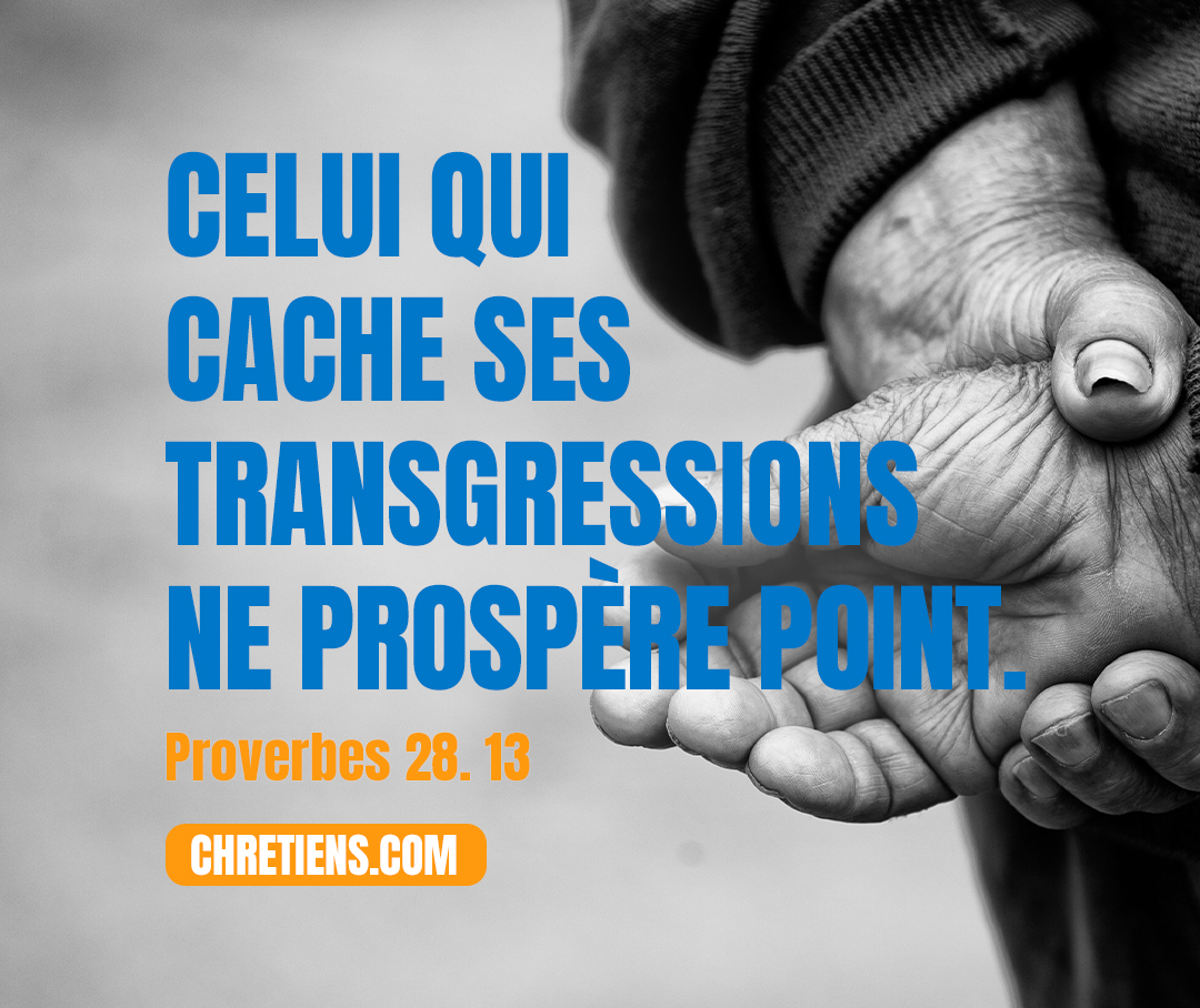 Proverbes 28:13 - Celui qui cache ses transgressions ne prospère point, Mais celui qui les avoue et les délaisse obtient miséricorde.