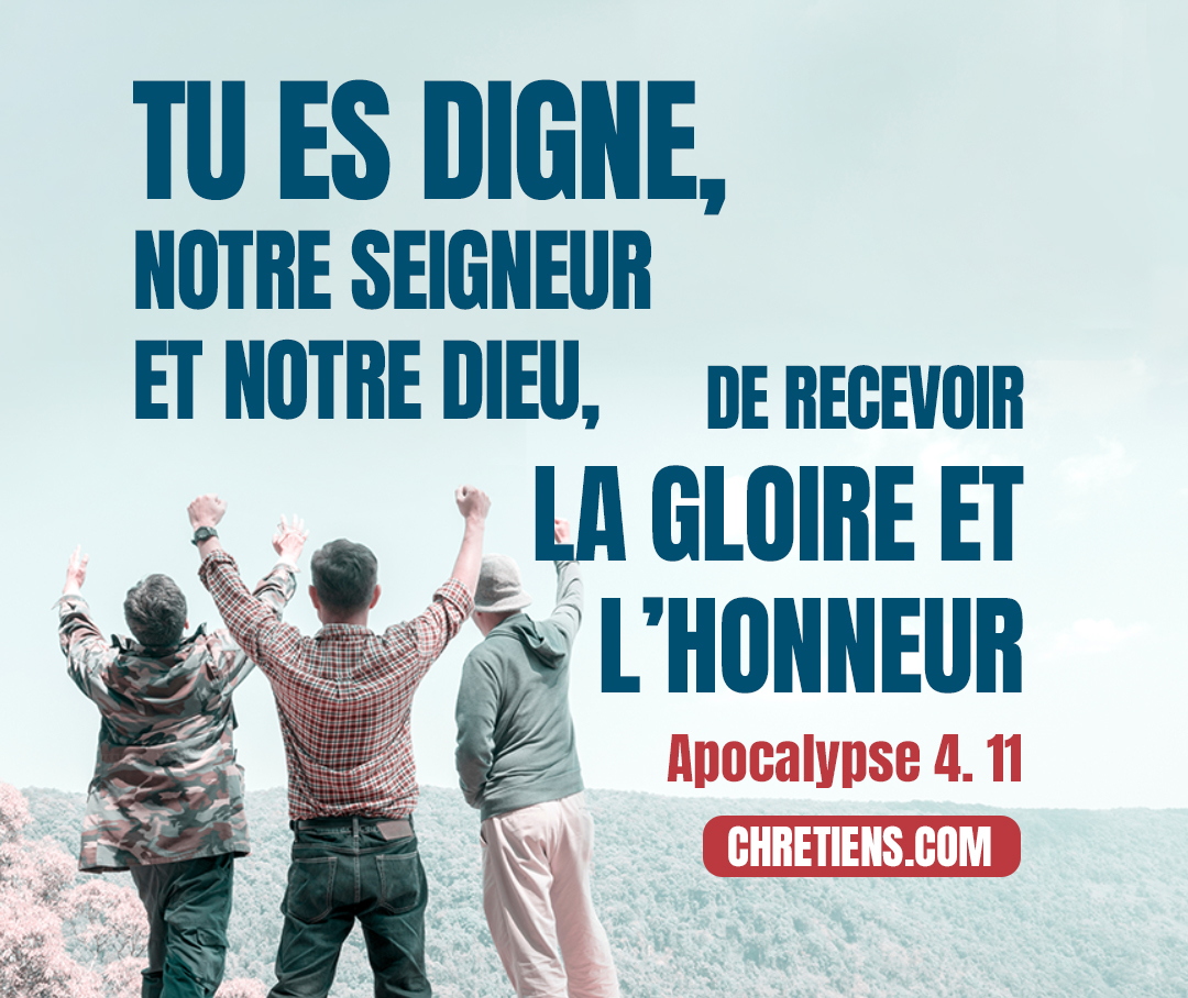 Tu es digne, notre Seigneur et notre Dieu, de recevoir la gloire et l’honneur et la puissance ; car tu as créé toutes choses, et c’est par ta volonté qu’elles existent et qu’elles ont été créées. Apocalypse 4:11