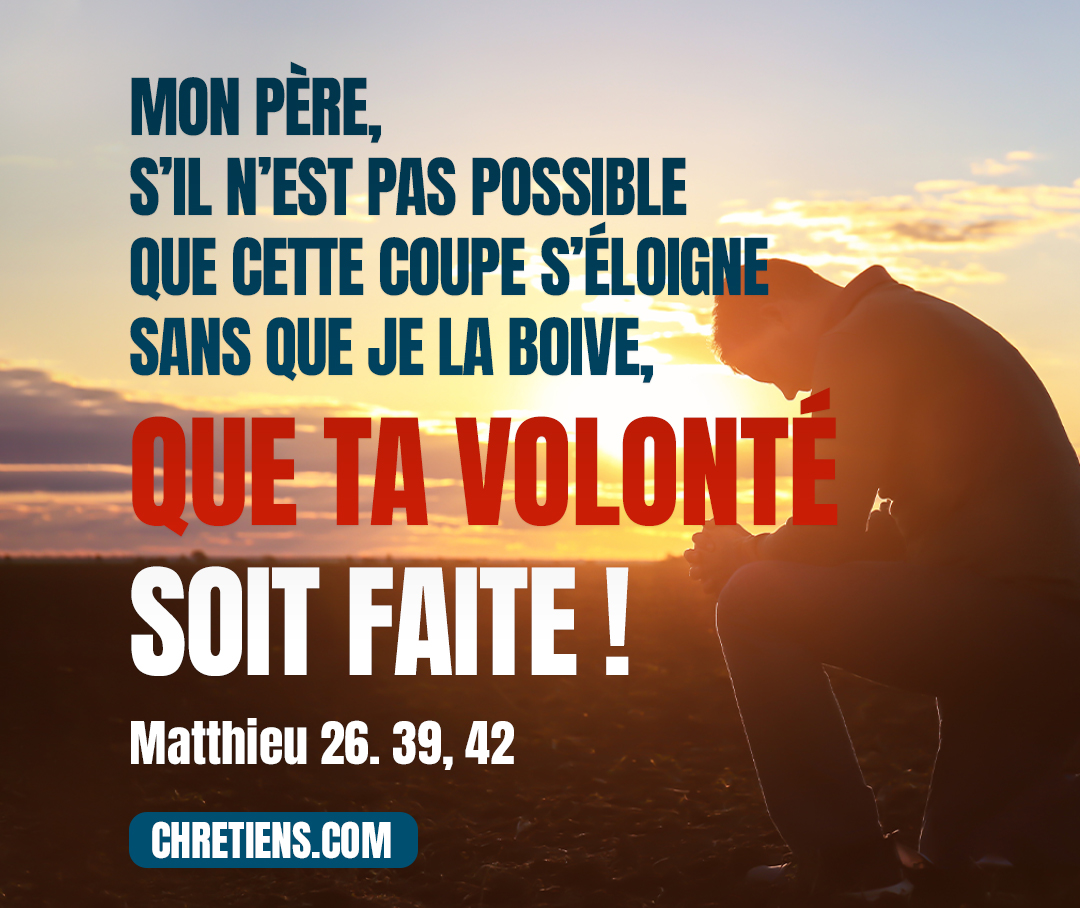 Puis, ayant fait quelques pas en avant, il se jeta sur sa face, et pria ainsi : Mon Père, s’il est possible, que cette coupe s’éloigne de moi ! Toutefois, non pas ce que je veux, mais ce que tu veux. Matthieu 26:39, 42