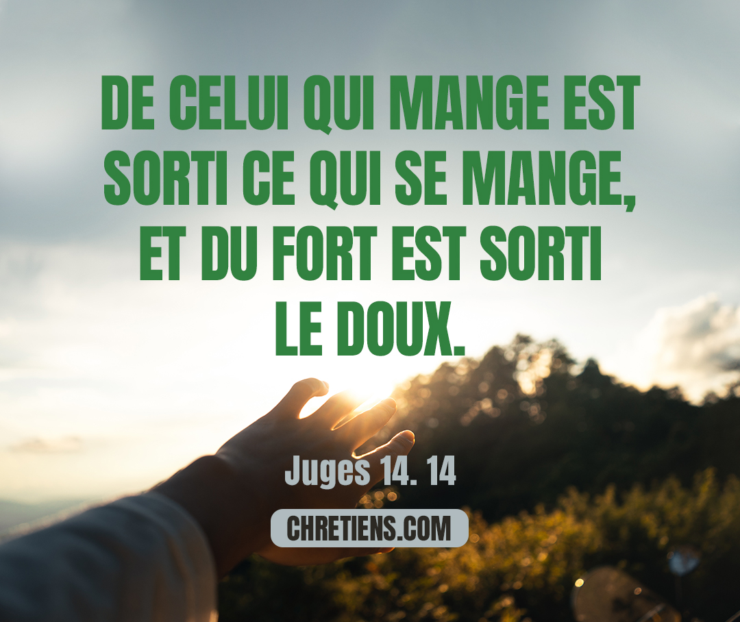 Juges 14:14 - Et il leur dit : De celui qui mange est sorti ce qui se mange, et du fort est sorti le doux. Pendant trois jours, ils ne purent expliquer l’énigme.