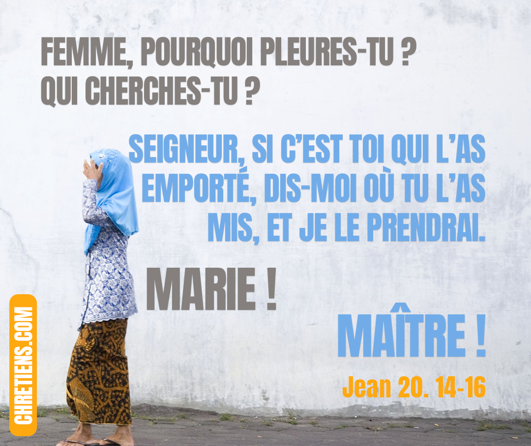 [Marie] voit Jésus… Jésus lui dit : Femme, pourquoi pleures-tu ? Qui cherches-tu ? Elle, pensant que c’était le jardinier, lui dit : Seigneur, si c’est toi qui l’as emporté, dis-moi où tu l’as mis, et je le prendrai. Jésus lui dit : Marie ! Elle se retourna, et lui dit en hébreu : Rabbouni ! C’est-à-dire, Maître ! Jean 20. 14-16