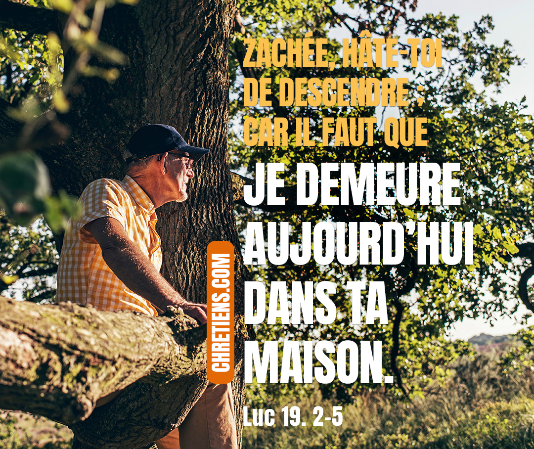 Luc 19:5 - Lorsque Jésus fut arrivé à cet endroit, il leva les yeux et lui dit : Zachée, hâte-toi de descendre ; car il faut que je demeure aujourd’hui dans ta maison.