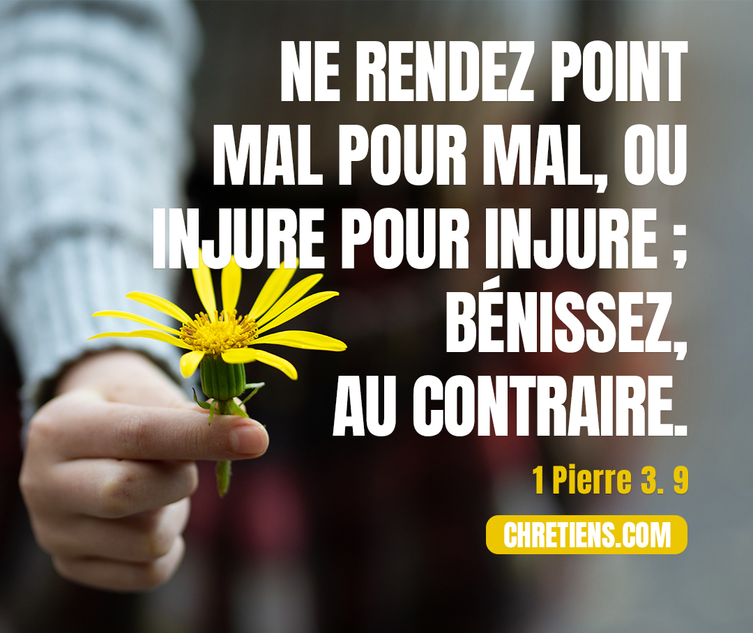  Ne rendez point mal pour mal, ou injure pour injure ; bénissez, au contraire, car c’est à cela que vous avez été appelés, afin d’hériter la bénédiction. 1 Pierre 3:9