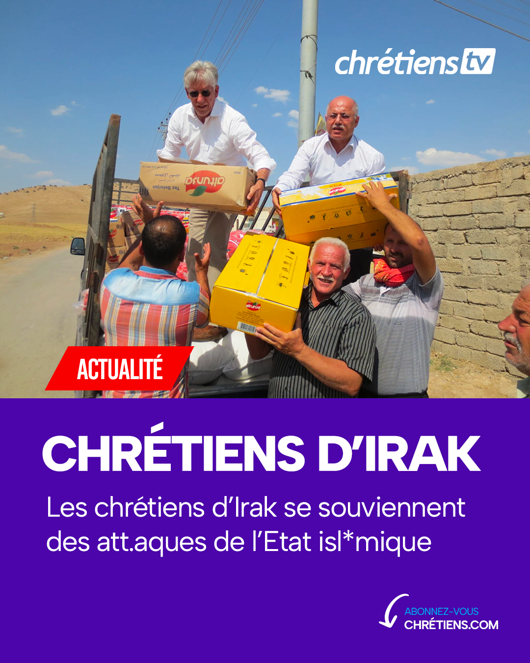 William Warda (en haut à droite) avec le président international de CSI John Eibner lors d’une distribution de nourriture dans le nord de l’Irak en été 2014. csi