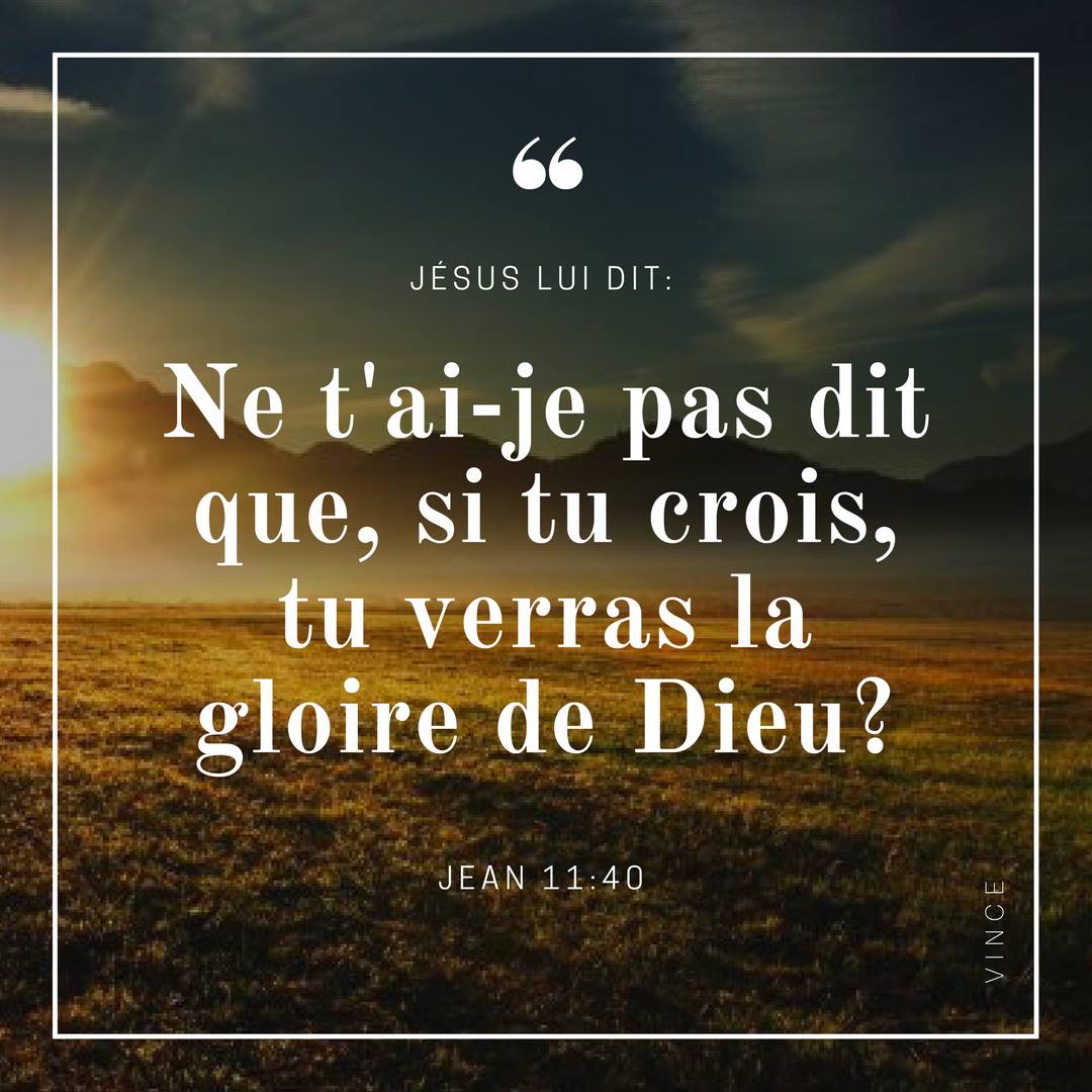 Jésus lui dit: Ne t'ai-je pas dit que, si tu crois, tu verras la gloire de Dieu? Jean 11:40