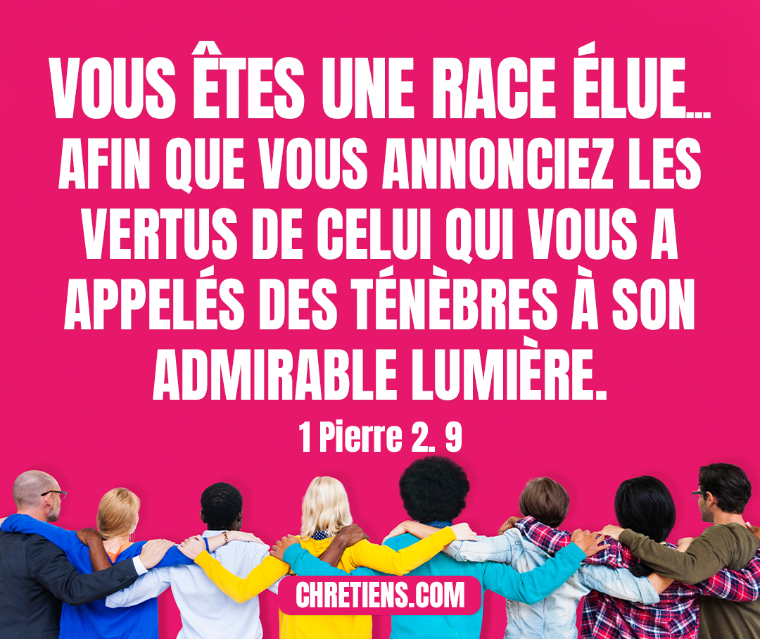 Vous, au contraire, vous êtes une race élue, un sacerdoce royal, une nation sainte, un peuple acquis, afin que vous annonciez les vertus de celui qui vous a appelés des ténèbres à son admirable lumière. 1 Pierre 2:9 