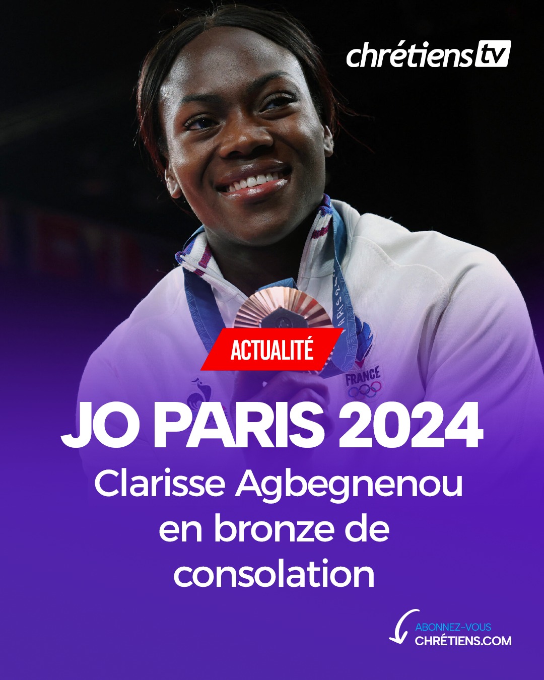 Clarisse Agbegnenou célèbre sa médaille de bronze en Judo aux Jeux Olympiques de Paris 2024 dans l'Arena du Champ-de-Mars, Paris, France. /Photo prise le 30 juillet 2024/REUTERS/Kim Kyung-Hoon