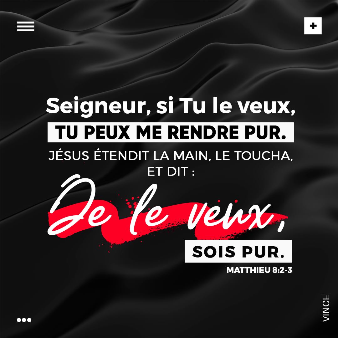 Et voici, un lépreux s’étant approché se prosterna devant lui, et dit : Seigneur, si tu le veux, tu peux me rendre pur. Jésus étendit la main, le toucha, et dit : Je le veux, sois pur. Aussitôt il fut purifié de sa lèpre.  Matthieu 8:2-3.