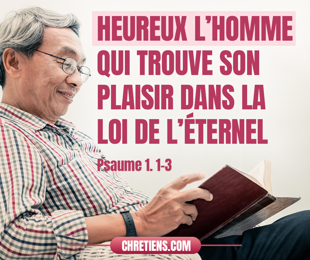 Heureux l’homme qui ne marche pas selon le conseil des méchants, Qui ne s’arrête pas sur la voie des pécheurs, Et qui ne s’assied pas en compagnie des moqueurs, Mais qui trouve son plaisir dans la loi de l’Éternel, Et qui la médite jour et nuit ! Psaumes 1:1-2