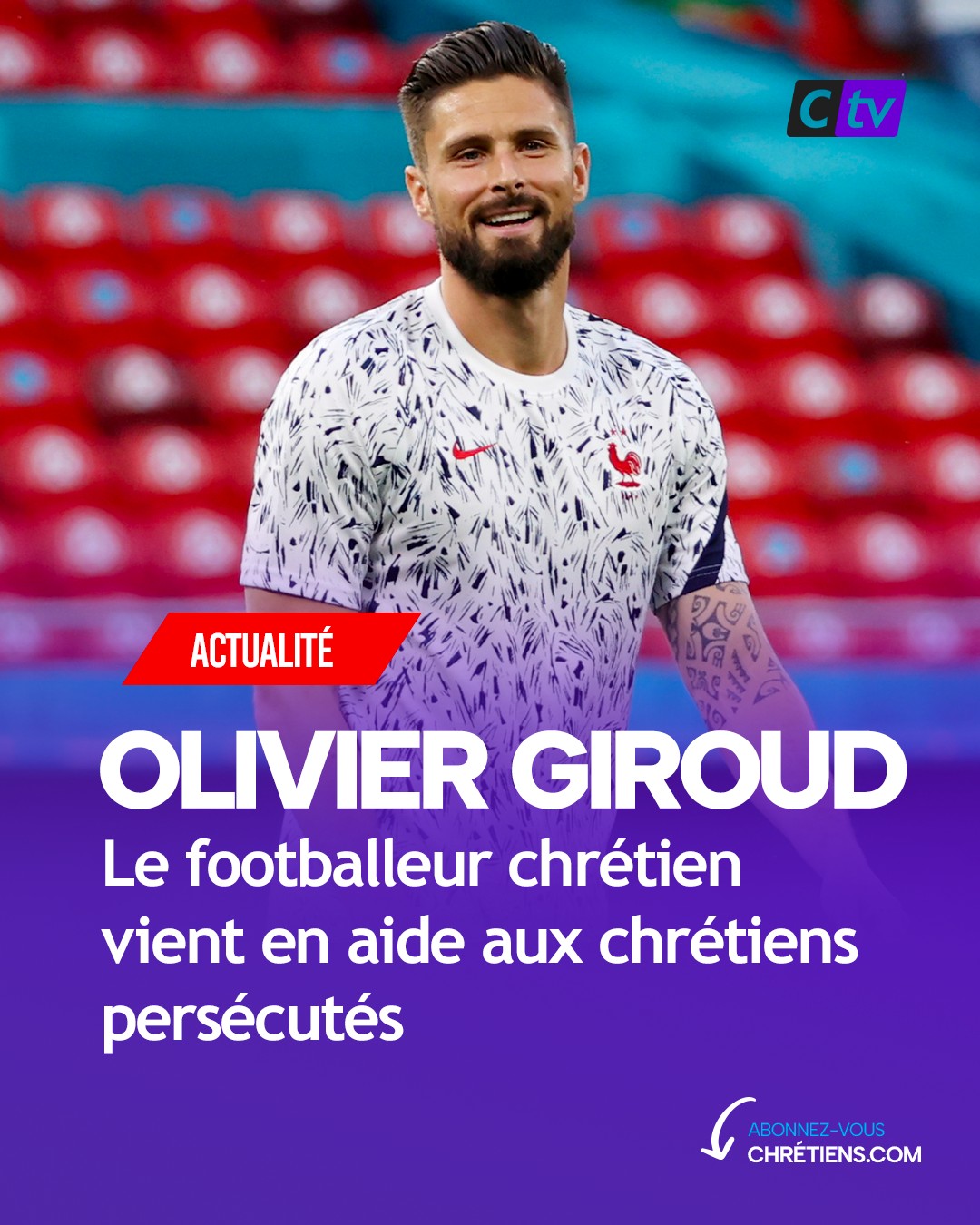 Olivier Giroud, chrétien évangélique engagé et footballeur international français qui évolue au poste d'attaquant au Los Angeles FC, a mis aux enchères un de ses maillots portés avec son club pour apporter son soutien aux chrétiens persécutés en Orient « et plus particulièrement en Arménie ». Olivier Giroud va s'offrir un nouveau challenge du côté de l'Italie./Photo prise le 23 juin 2021/REUTERS/Bernadett Szabo