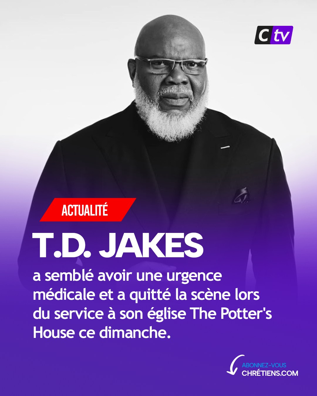 T.D. Jakes, pasteur évangélique d'une méga-église du Texas dénommée The Potter's House et ancien conseiller spirituel de Barack Obama, a eu un problème de santé en plein culte dimanche dernier.