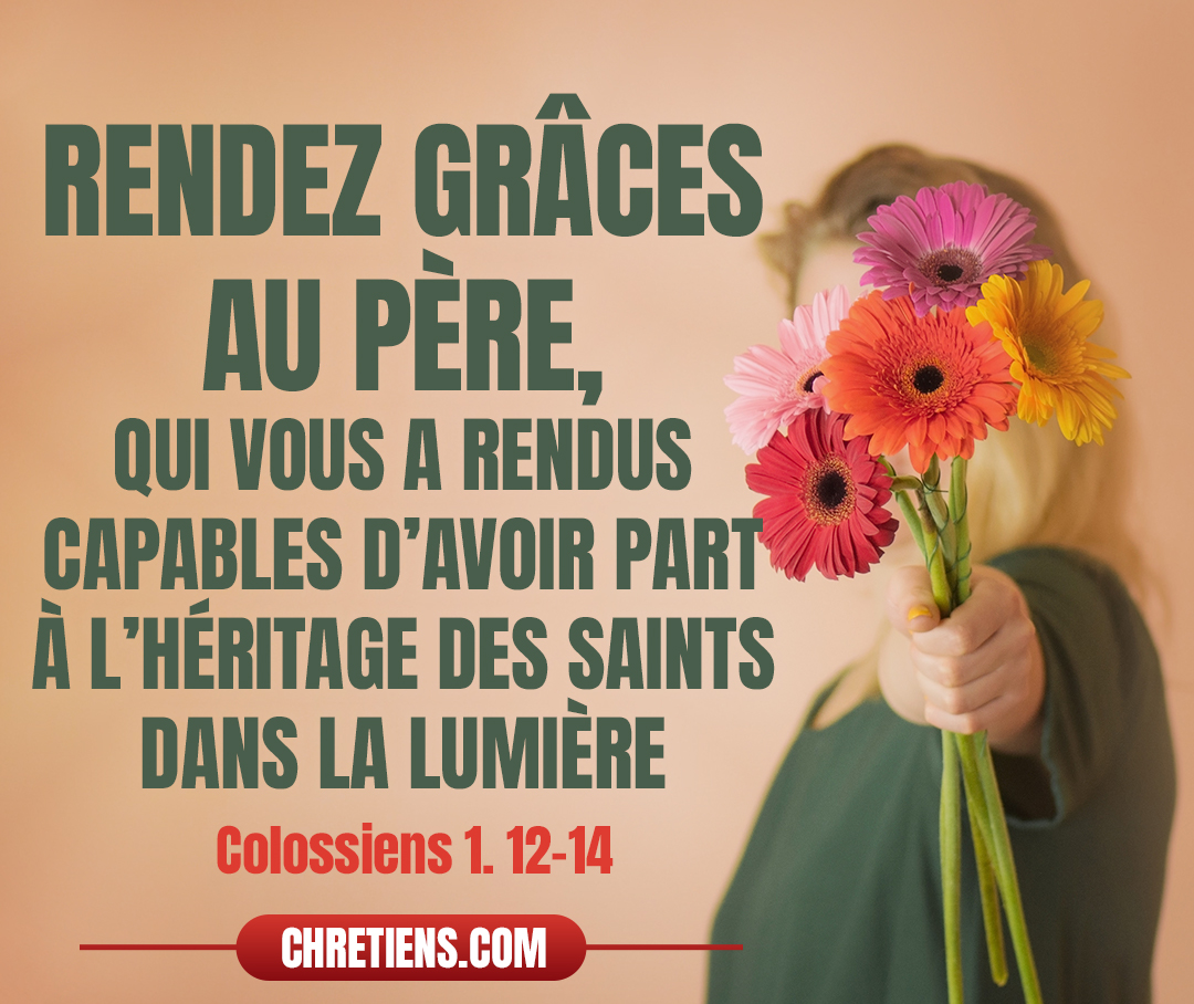 Rendant grâces au Père qui nous a rendus capables d’avoir part au lot des saints dans la lumière, qui nous a délivrés du pouvoir des ténèbres et nous a transportés dans le royaume du Fils de son amour, en qui nous avons la rédemption, le pardon des péchés. Colossiens 1:12 - 14