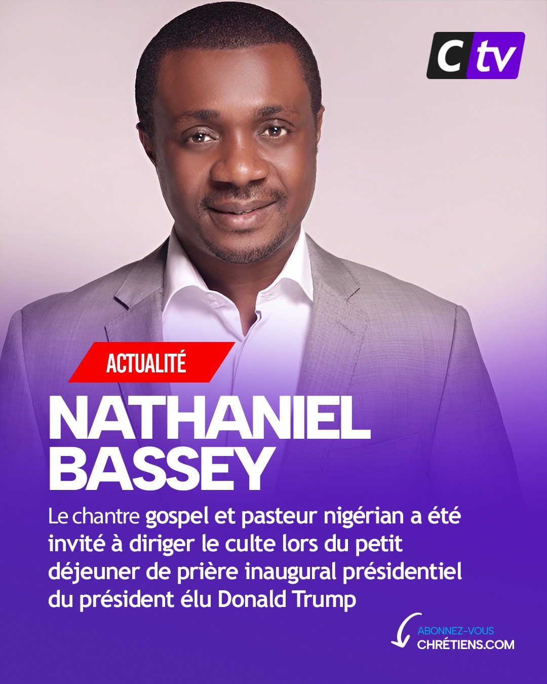 L'artiste chrétien nigérian Nathaniel Bassey va se produire à Washington le 20 janvier, pour célébrer l'arrivée au pouvoir du président élu Donald Trump. Cet événement apolitique et religieux se tiendra au Waldorf Astoria Presidential Ballroom, à Washington DC, en l'honneur du président élu Donald Trump et du vice-président élu JD Vance avant la cérémonie de prestation de serment.