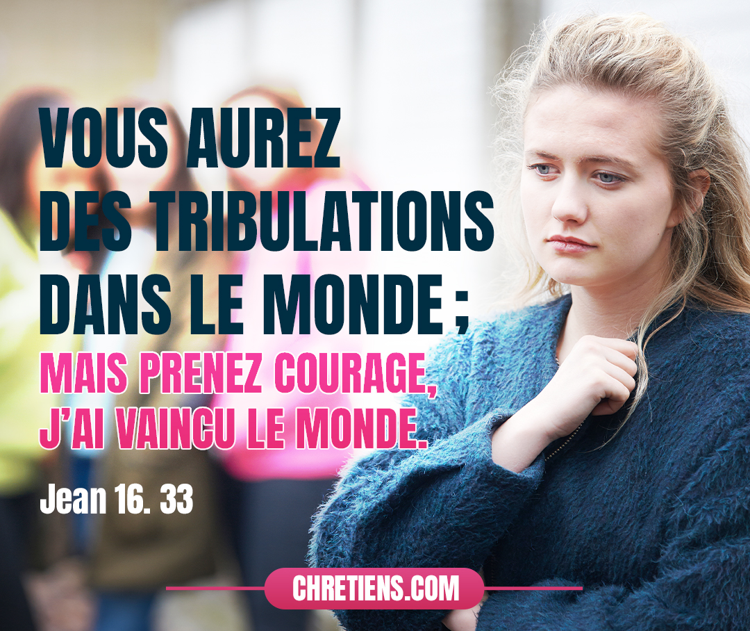 Je vous ai dit ces choses, afin que vous ayez la paix en moi. Vous aurez des tribulations dans le monde ; mais prenez courage, j’ai vaincu le monde. Jean 16:33 