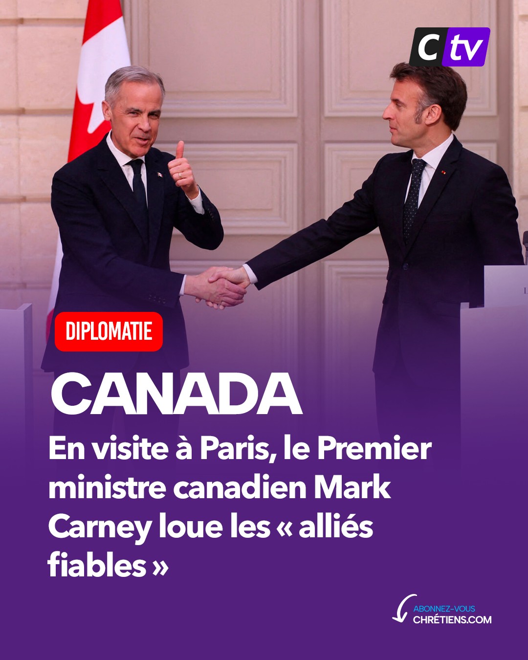 Le président français Emmanuel Macron et le Premier ministre canadien Mark Carney se serrent la main après une déclaration conjointe, au Palais de l'Élysée, lors de la première visite à l'étranger de Carney en tant que Premier ministre, à Paris, France. /Photo prise le 17 mars 2025/REUTERS/Thomas Padilla/Pool