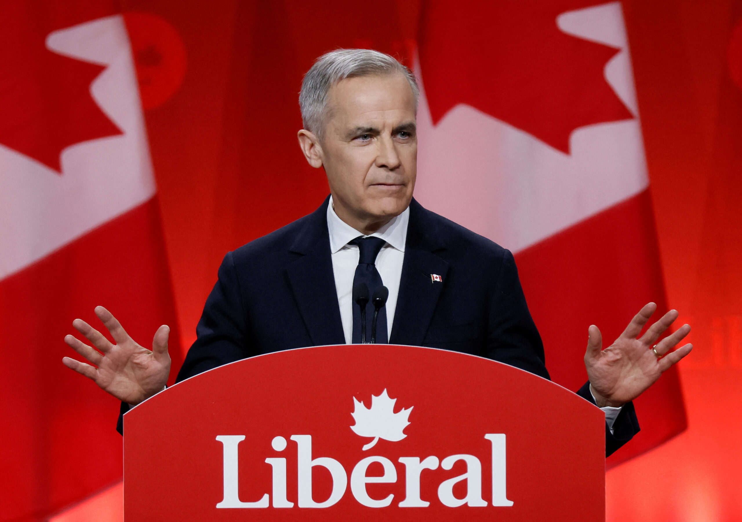 Mark Carney, ancien gouverneur de la Banque du Canada et de la Banque d'Angleterre, s'exprime après avoir remporté la course à la direction du Parti libéral du Canada et succédera à Justin Trudeau en tant que Premier ministre, à Ottawa, Ontario, Canada, le 9 mars 2025. REUTERS/Blair Gable